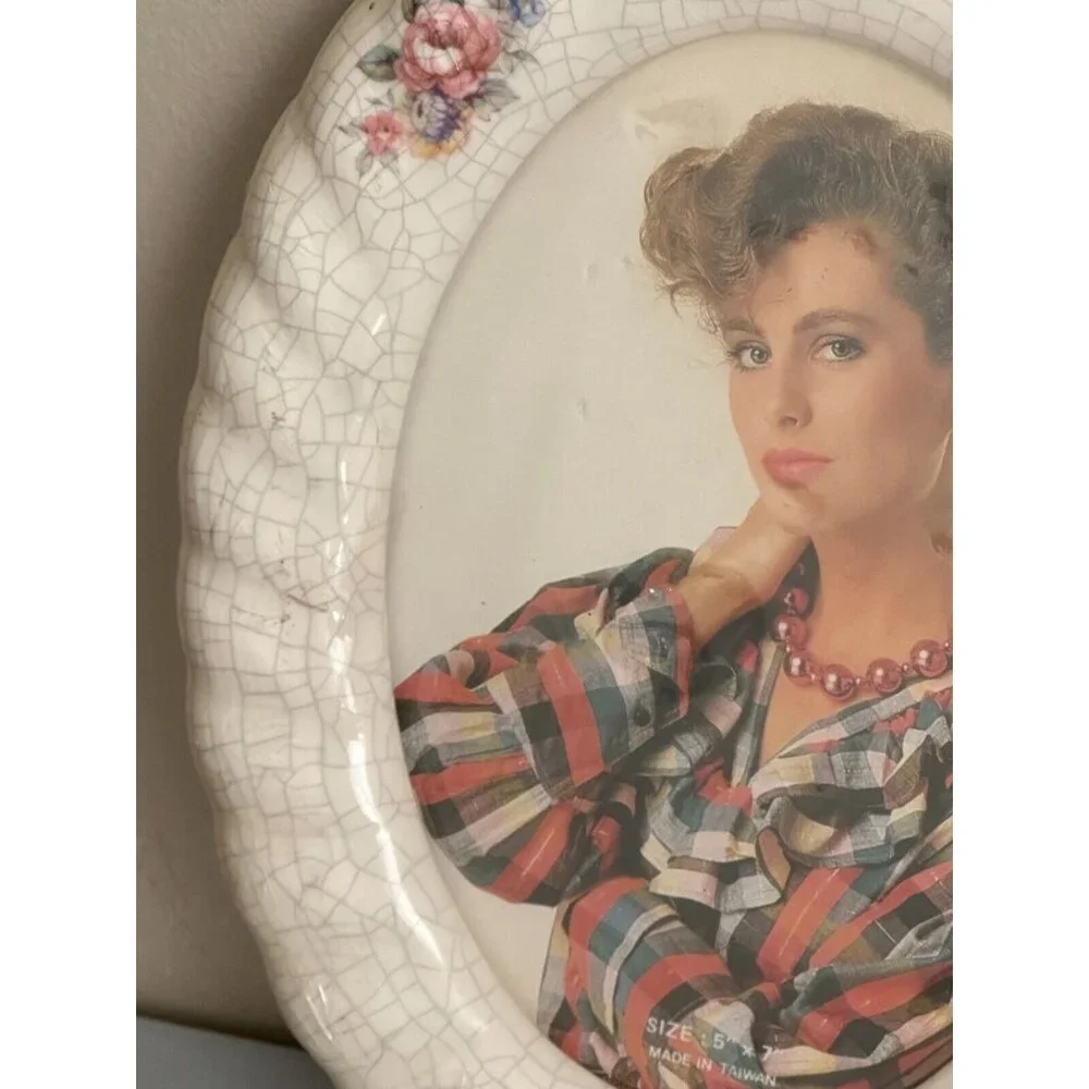 Vintage 90s Ceramic Crackle Glass Oval Picture Frame 5x7 Floral Cottagecore NEW!